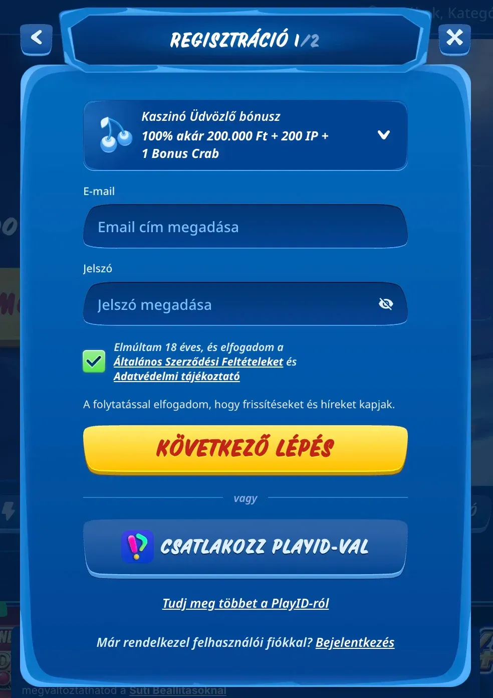 SGcasino regisztráció